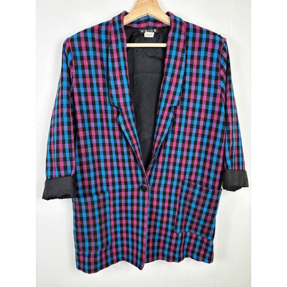 Vintage 80s Voice Women's Large Pink Blue Plaid Blazer Cuffed Sleeve Made USA
